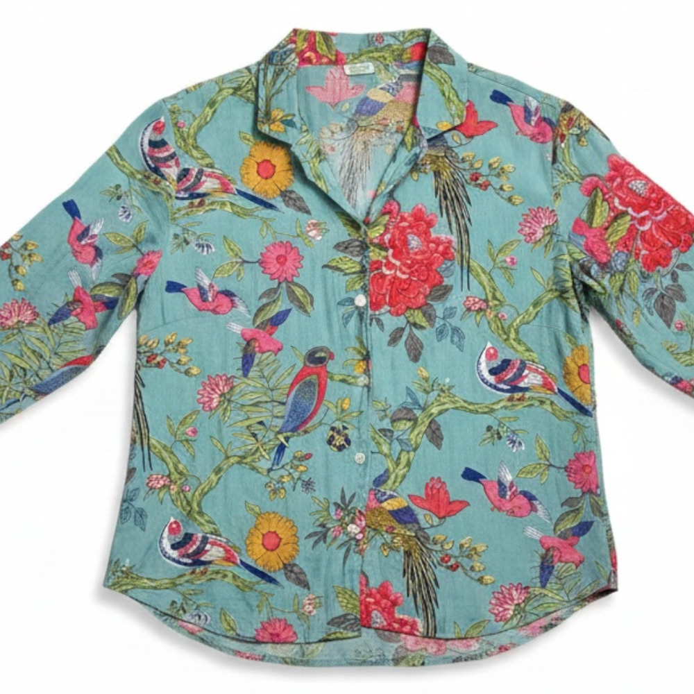 Vintage Handprint Turquoise Bird & Floral Print Women's Small Camp Collar Blouse
